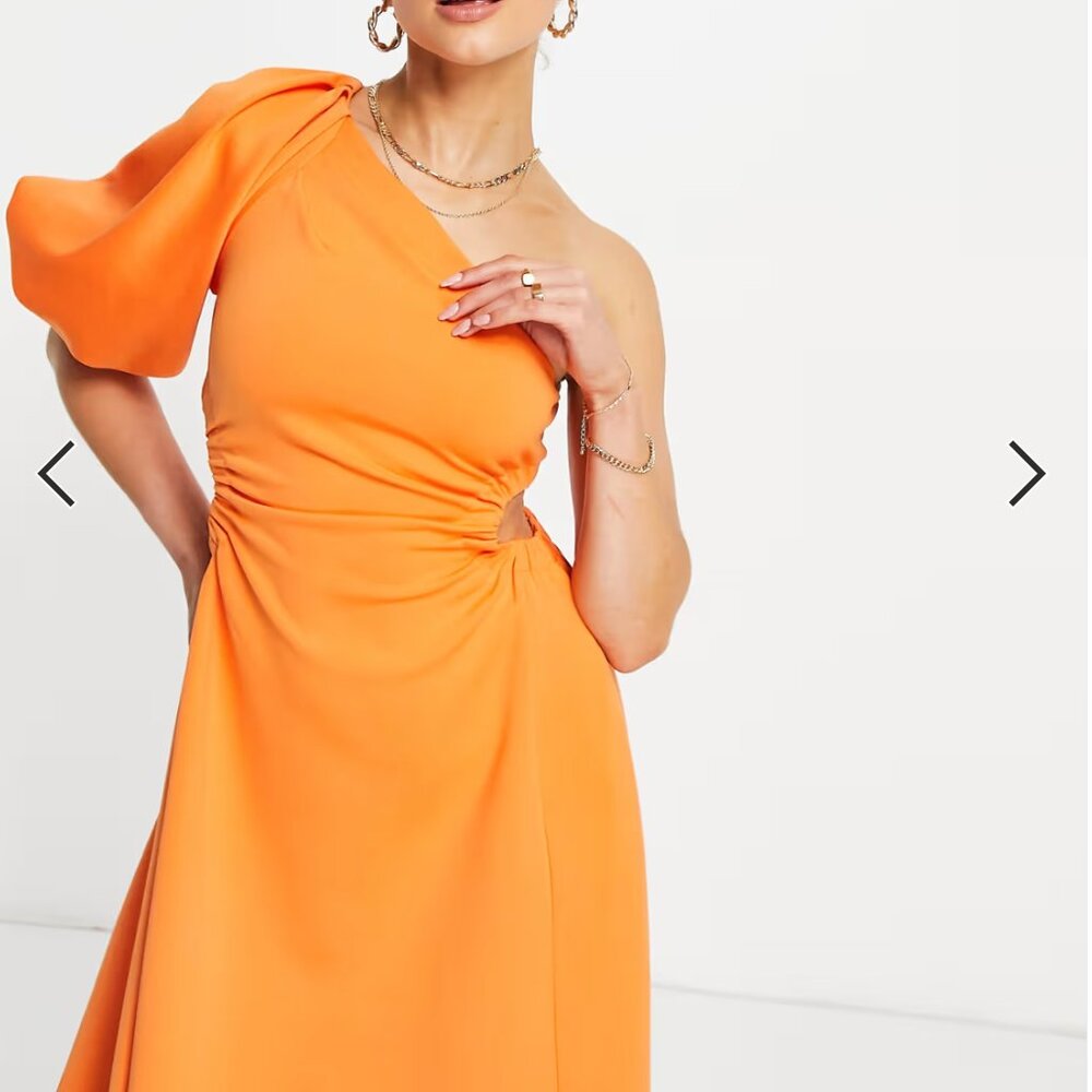 Asos Design One Shoulder Elasticized Cut Out Waist Midi Dress in Tangerine